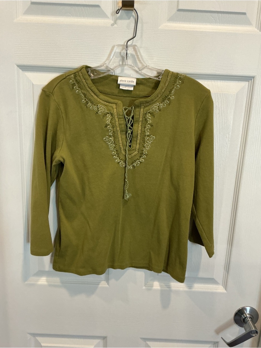 Pierre Cardin Olive Green Embroidered Lace-Up Women's Top